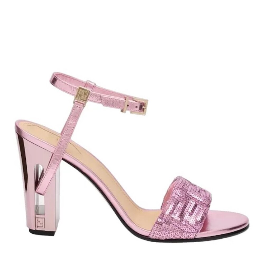 FENDI Delfina FF Logo Sequin Metallic Ankle Strap Sandals Heels Pumps Shoe